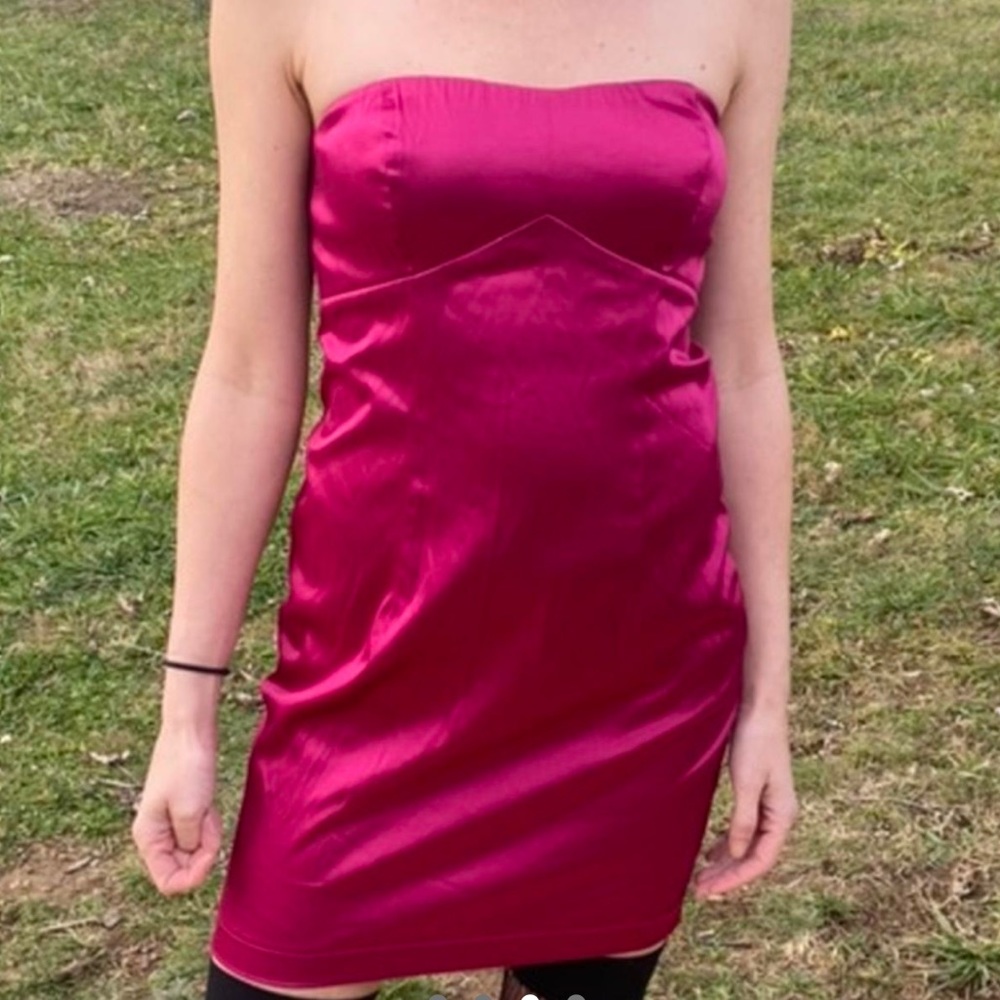 Magenta pink satin strapless mini dress